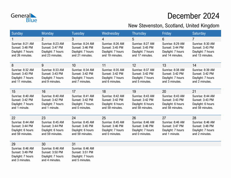 New Stevenston December 2024 sunrise and sunset calendar in PDF, Excel, and Word