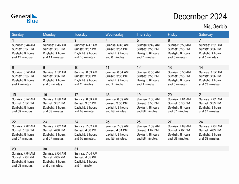 Nis December 2024 sunrise and sunset calendar in PDF, Excel, and Word