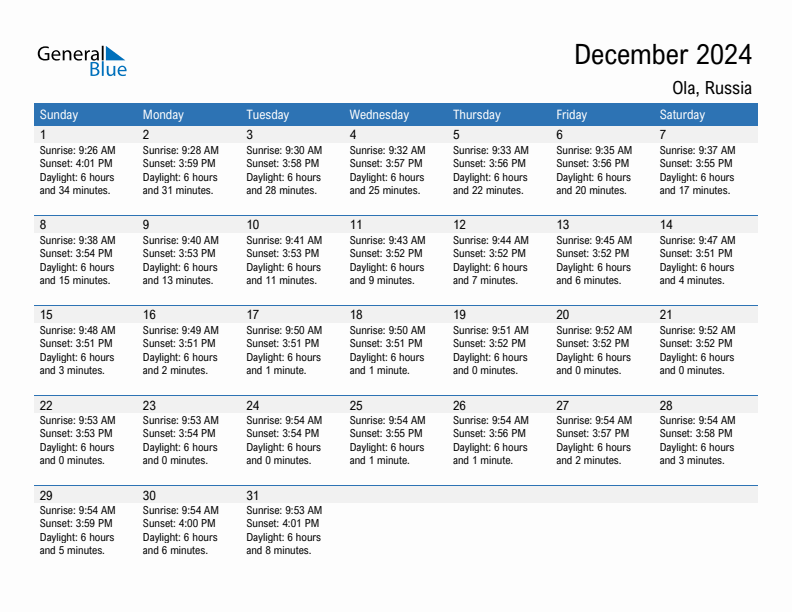 Ola December 2024 sunrise and sunset calendar in PDF, Excel, and Word