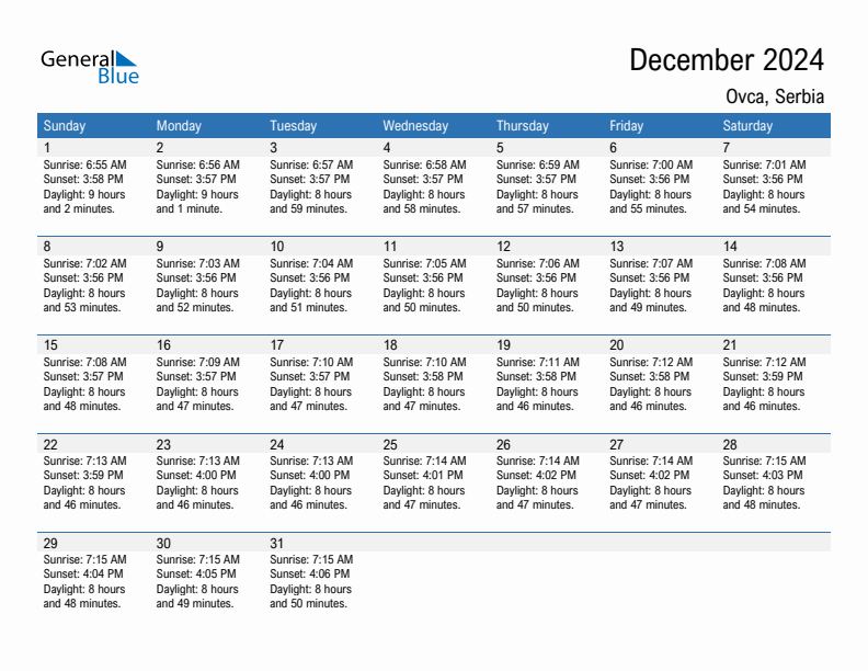 Ovca December 2024 sunrise and sunset calendar in PDF, Excel, and Word