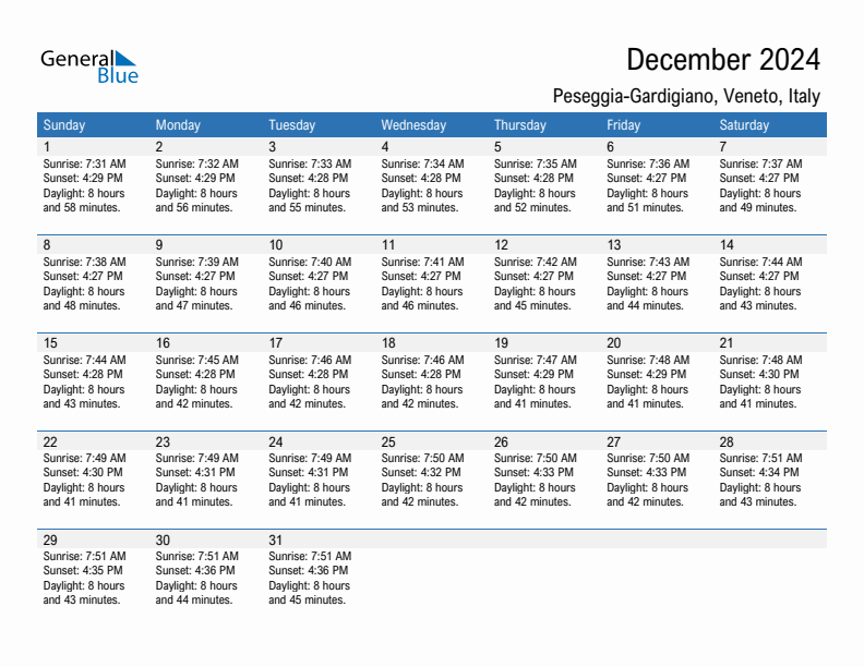 Peseggia-Gardigiano December 2024 sunrise and sunset calendar in PDF, Excel, and Word