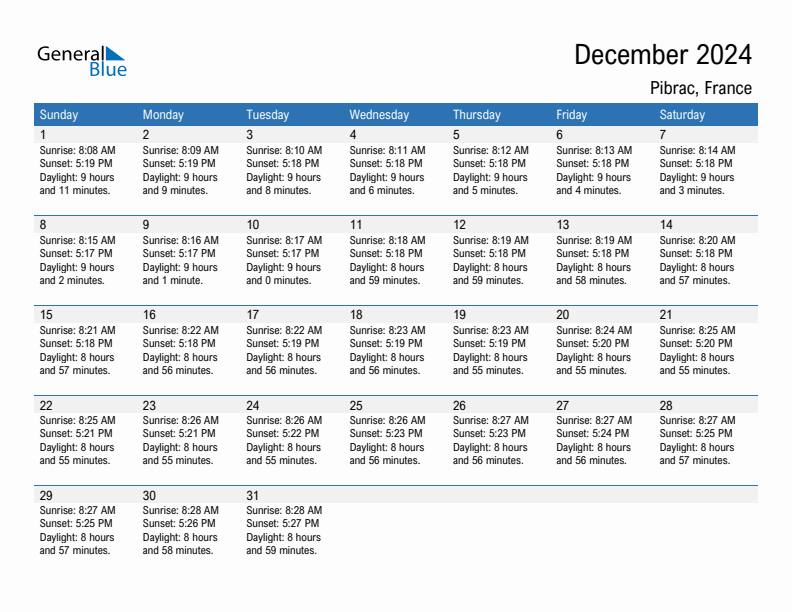 Pibrac December 2024 sunrise and sunset calendar in PDF, Excel, and Word