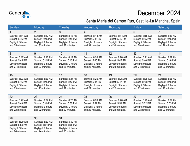 Santa Maria del Campo Rus December 2024 sunrise and sunset calendar in PDF, Excel, and Word