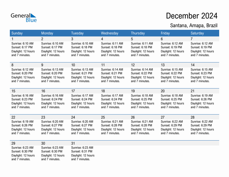 Santana December 2024 sunrise and sunset calendar in PDF, Excel, and Word