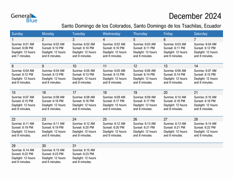 Santo Domingo de los Colorados December 2024 sunrise and sunset calendar in PDF, Excel, and Word