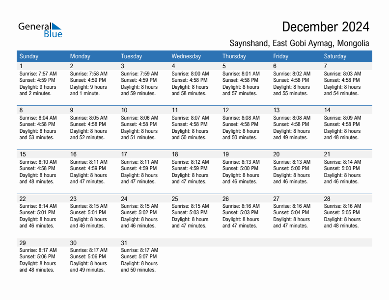 Saynshand December 2024 sunrise and sunset calendar in PDF, Excel, and Word