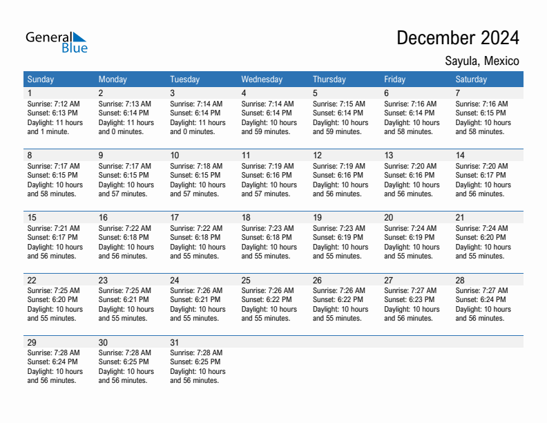 Sayula December 2024 sunrise and sunset calendar in PDF, Excel, and Word