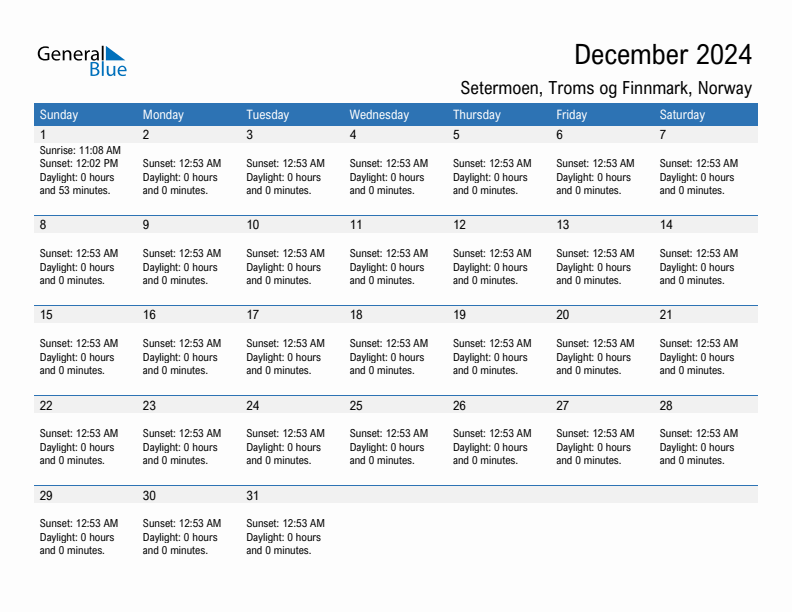 Setermoen December 2024 sunrise and sunset calendar in PDF, Excel, and Word