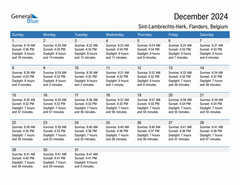 Sint-Lambrechts-Herk December 2024 sunrise and sunset calendar in PDF, Excel, and Word