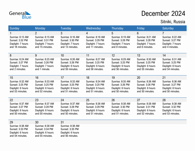 Sitniki December 2024 sunrise and sunset calendar in PDF, Excel, and Word