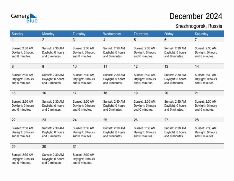 Snezhnogorsk December 2024 sunrise and sunset calendar in PDF, Excel, and Word