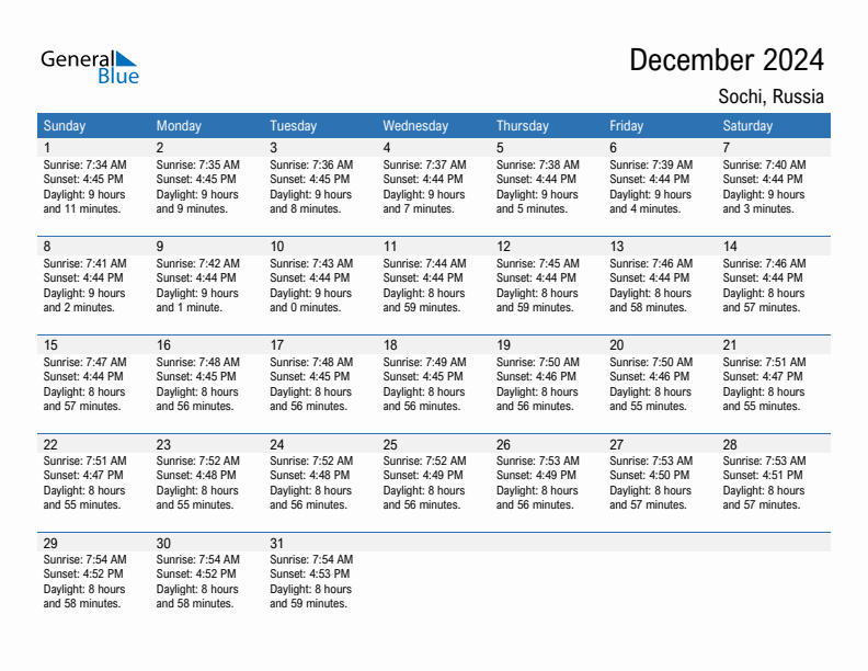 Sochi December 2024 sunrise and sunset calendar in PDF, Excel, and Word