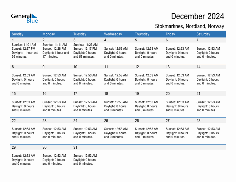 Stokmarknes December 2024 sunrise and sunset calendar in PDF, Excel, and Word