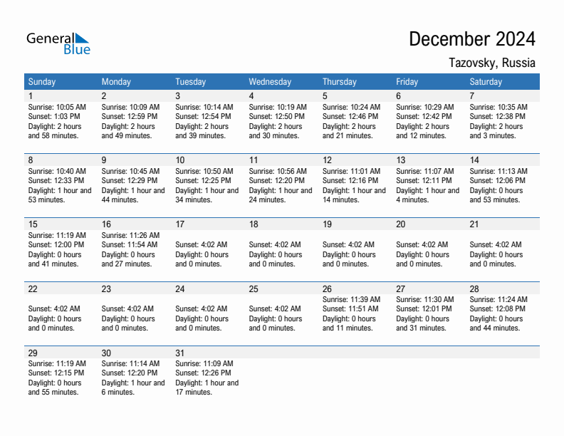 Tazovsky December 2024 sunrise and sunset calendar in PDF, Excel, and Word