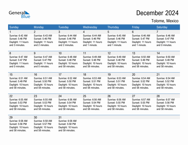 Tolome December 2024 sunrise and sunset calendar in PDF, Excel, and Word