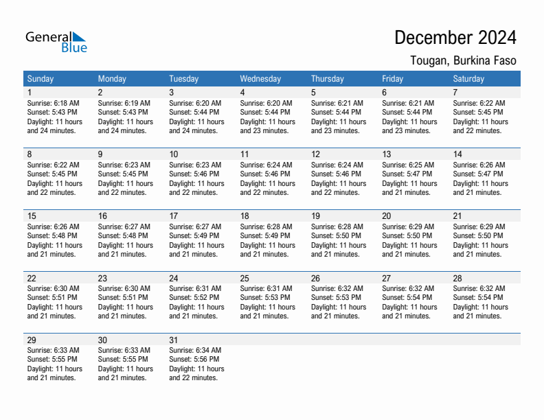 Tougan December 2024 sunrise and sunset calendar in PDF, Excel, and Word