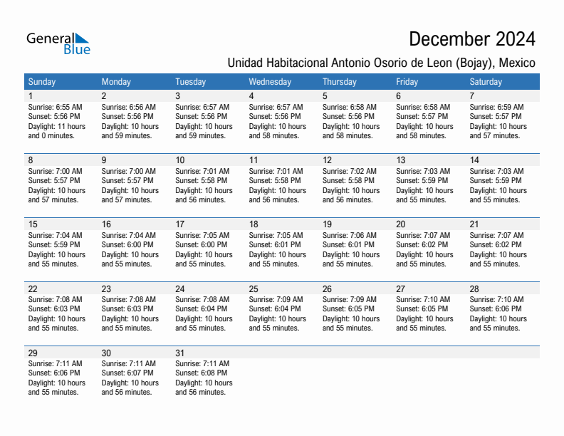 Unidad Habitacional Antonio Osorio de Leon (Bojay) December 2024 sunrise and sunset calendar in PDF, Excel, and Word