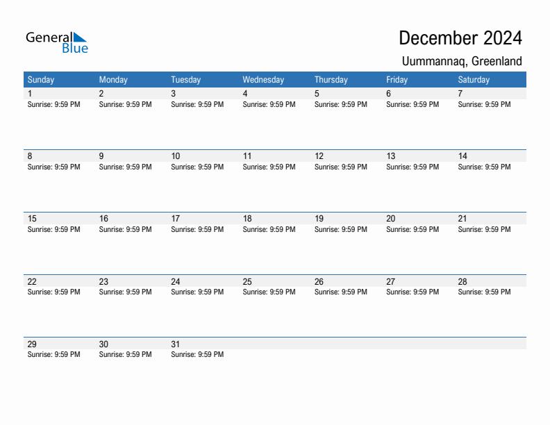 Uummannaq December 2024 sunrise and sunset calendar in PDF, Excel, and Word