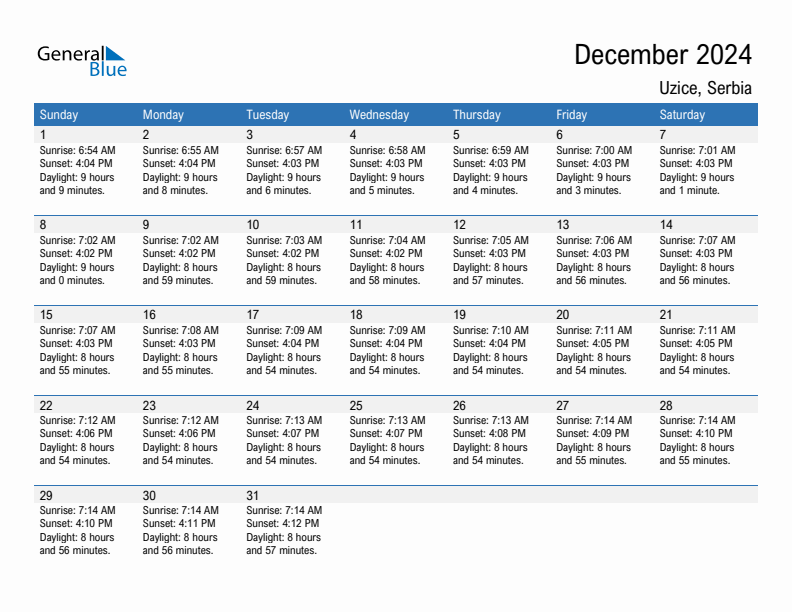 Uzice December 2024 sunrise and sunset calendar in PDF, Excel, and Word