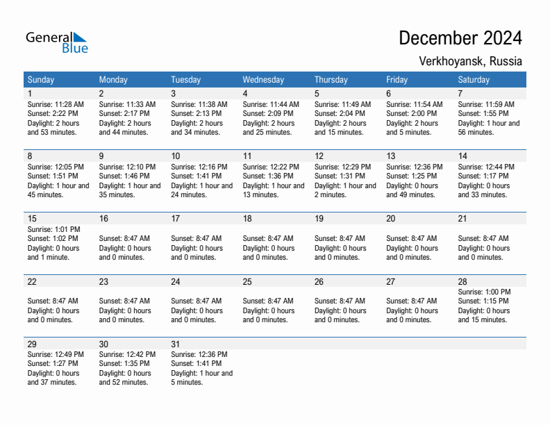 Verkhoyansk December 2024 sunrise and sunset calendar in PDF, Excel, and Word