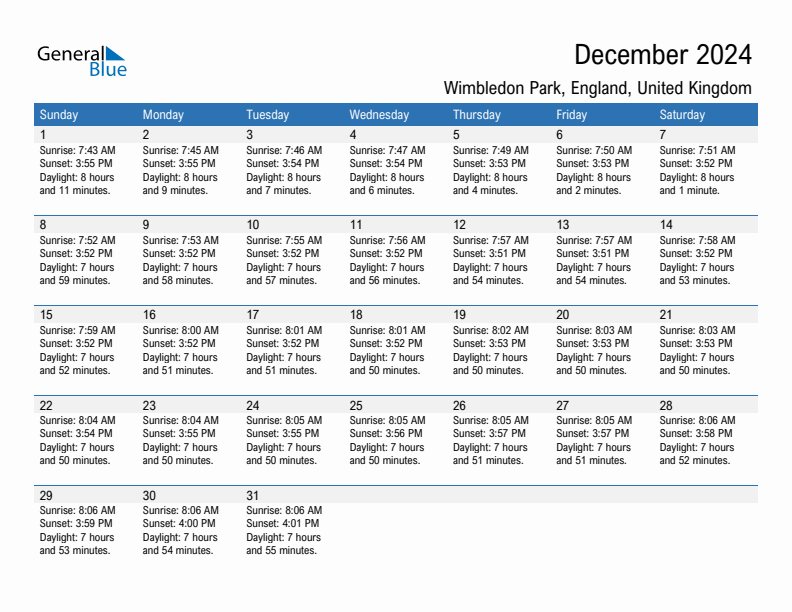 Wimbledon Park December 2024 sunrise and sunset calendar in PDF, Excel, and Word