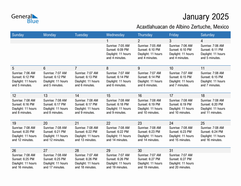 Acaxtlahuacan de Albino Zertuche January 2025 sunrise and sunset calendar in PDF, Excel, and Word