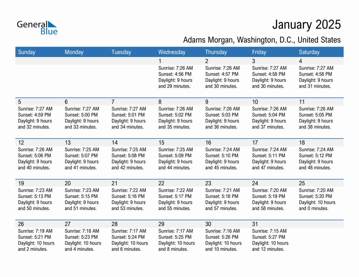 January 2025 sunrise and sunset calendar for Adams Morgan