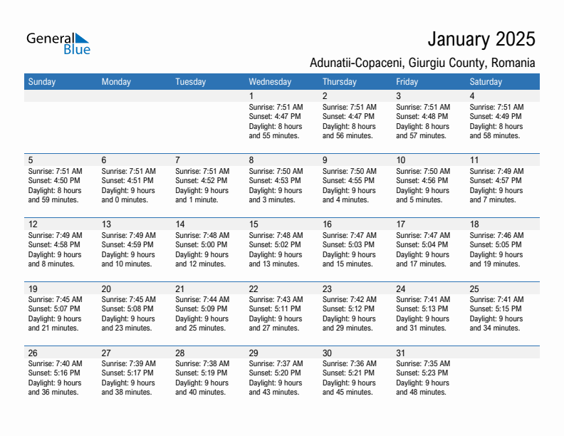 Adunatii-Copaceni January 2025 sunrise and sunset calendar in PDF, Excel, and Word