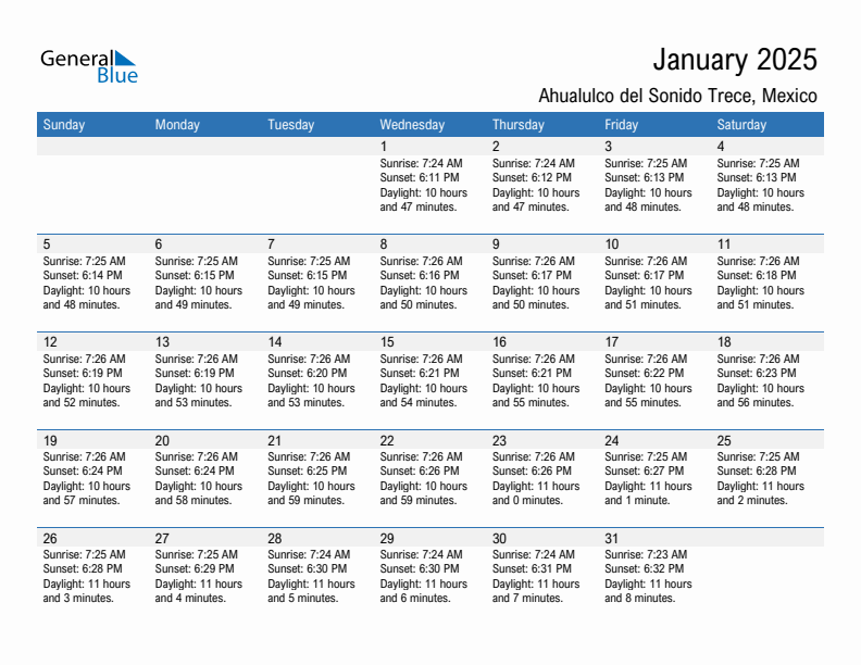 Ahualulco del Sonido Trece January 2025 sunrise and sunset calendar in PDF, Excel, and Word