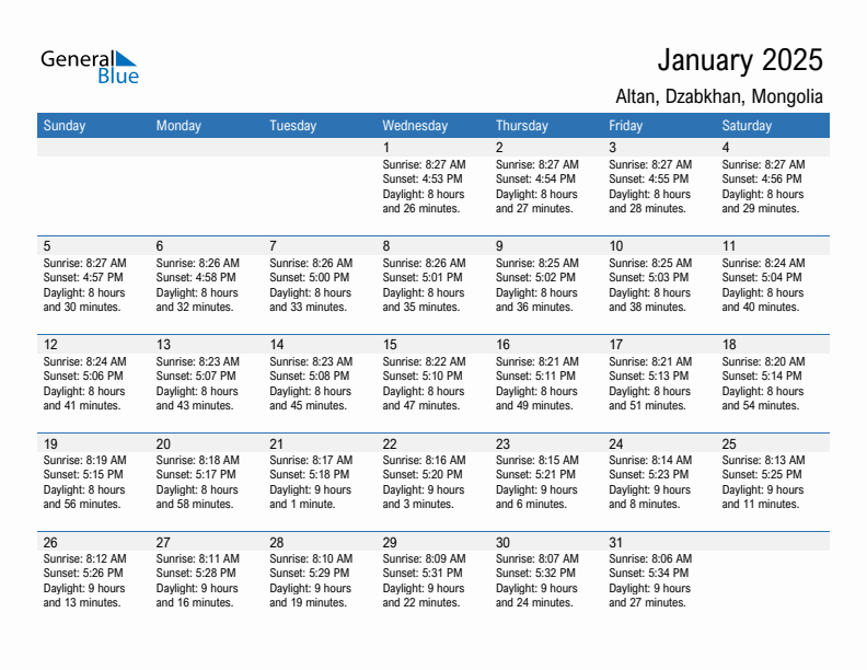 Altan January 2025 sunrise and sunset calendar in PDF, Excel, and Word