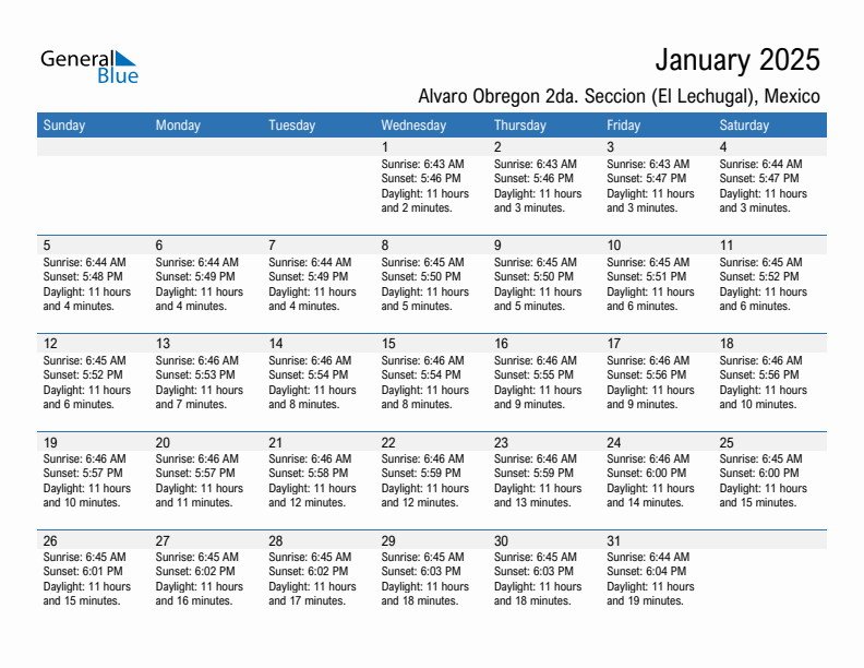 Alvaro Obregon 2da. Seccion (El Lechugal) January 2025 sunrise and sunset calendar in PDF, Excel, and Word