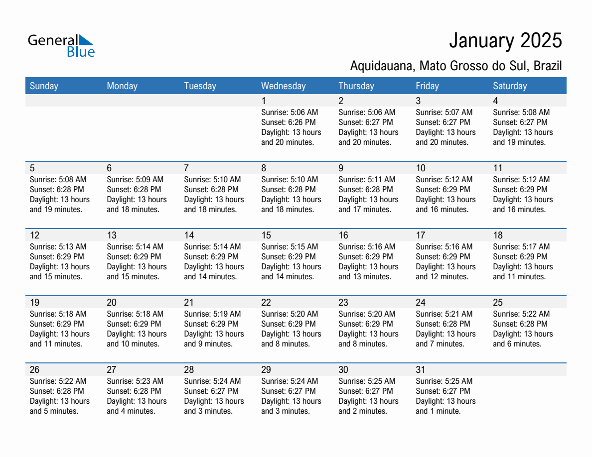 January 2025 sunrise and sunset calendar for Aquidauana