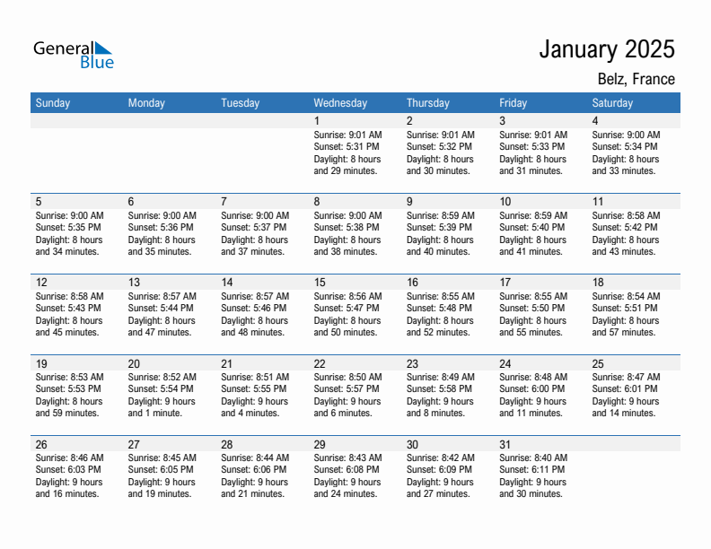 Belz January 2025 sunrise and sunset calendar in PDF, Excel, and Word