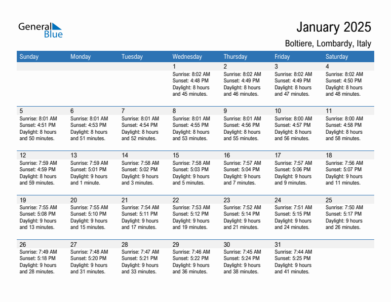 Boltiere January 2025 sunrise and sunset calendar in PDF, Excel, and Word