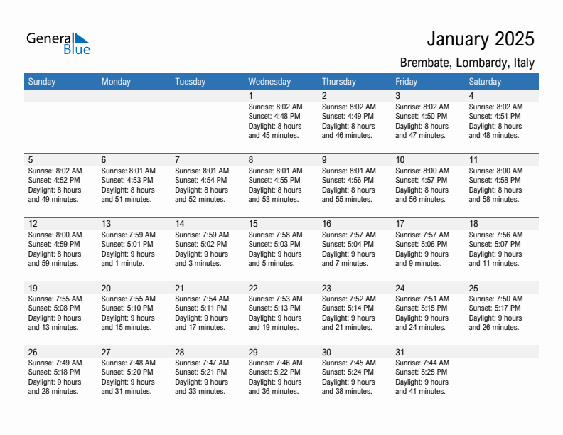 Brembate January 2025 sunrise and sunset calendar in PDF, Excel, and Word