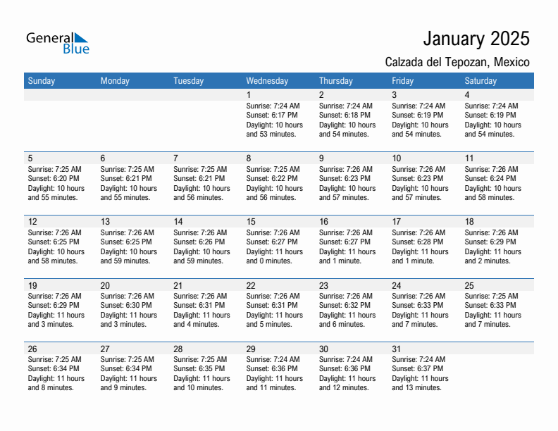 Calzada del Tepozan January 2025 sunrise and sunset calendar in PDF, Excel, and Word