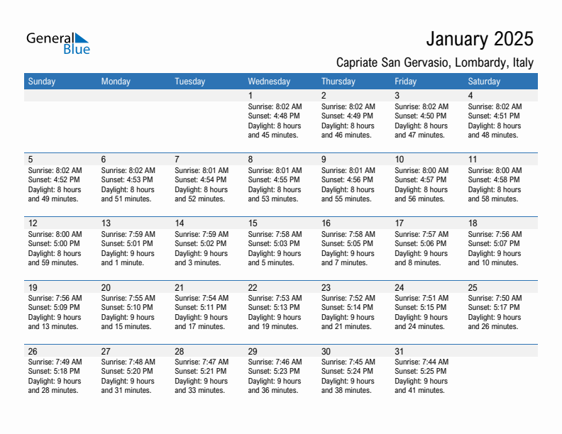 Capriate San Gervasio January 2025 sunrise and sunset calendar in PDF, Excel, and Word