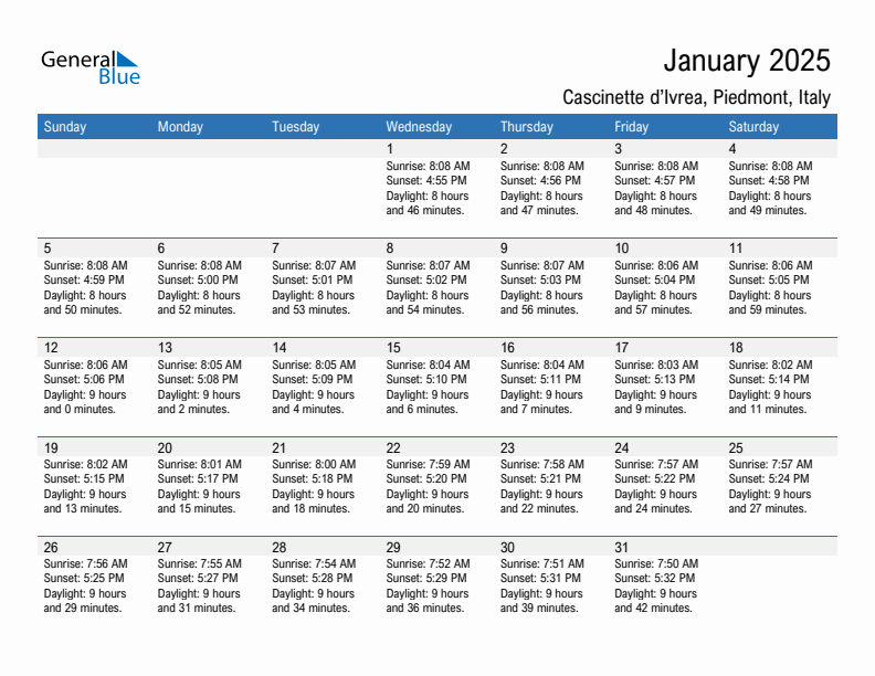 Cascinette d'Ivrea January 2025 sunrise and sunset calendar in PDF, Excel, and Word