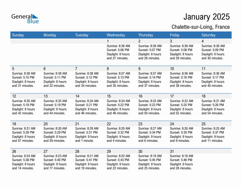 Chalette-sur-Loing January 2025 sunrise and sunset calendar in PDF, Excel, and Word