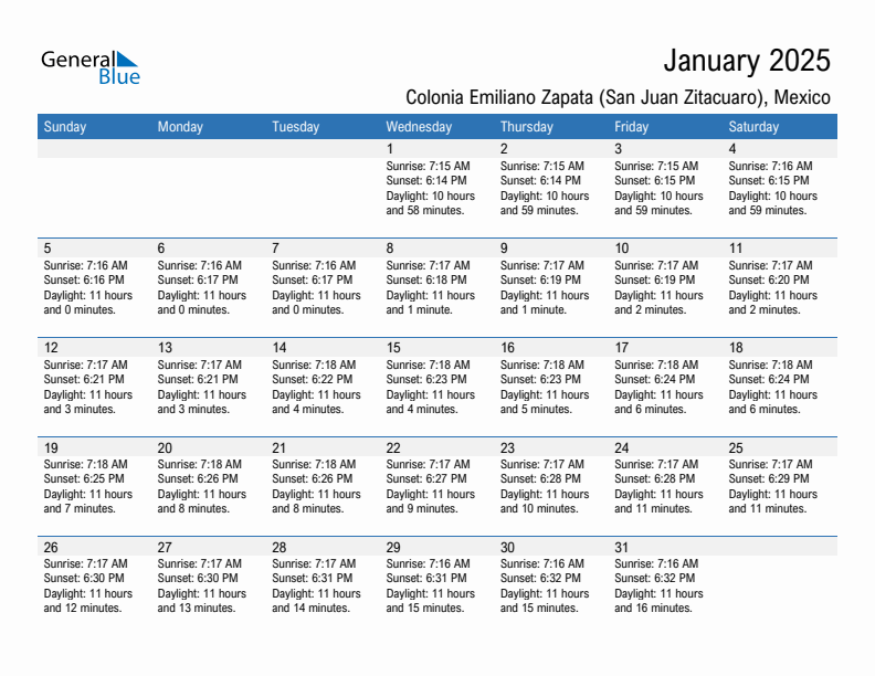 Colonia Emiliano Zapata (San Juan Zitacuaro) January 2025 sunrise and sunset calendar in PDF, Excel, and Word