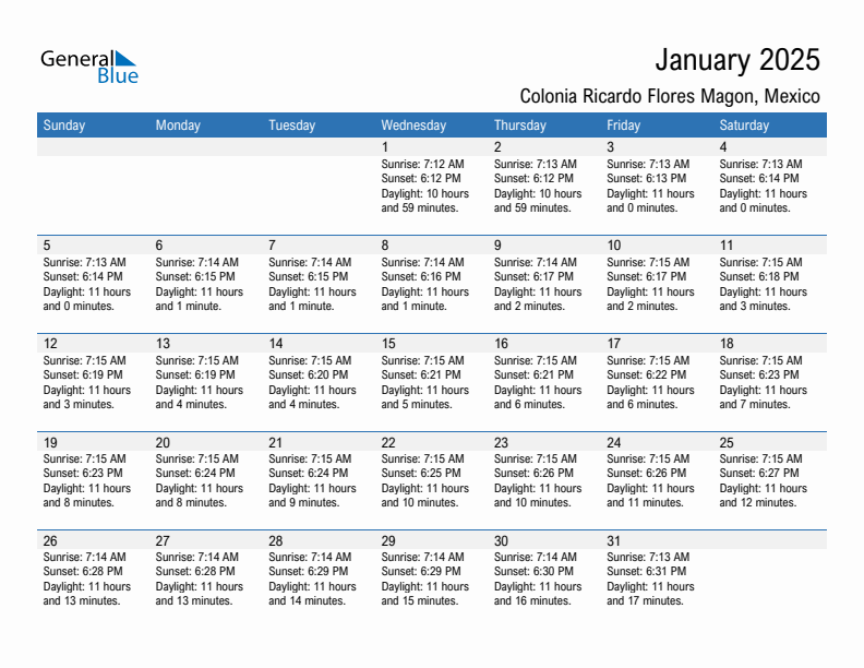 Colonia Ricardo Flores Magon January 2025 sunrise and sunset calendar in PDF, Excel, and Word