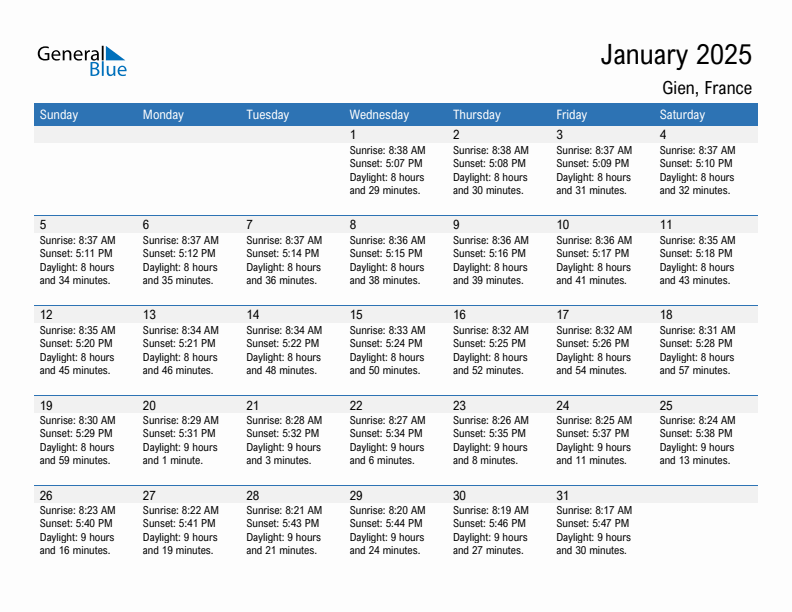 Gien January 2025 sunrise and sunset calendar in PDF, Excel, and Word