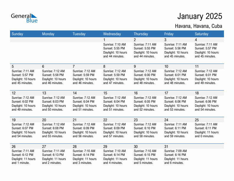 Havana January 2025 sunrise and sunset calendar in PDF, Excel, and Word