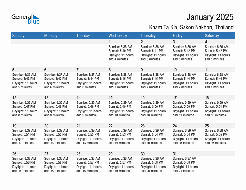 Kham Ta Kla January 2025 sunrise and sunset calendar in PDF, Excel, and Word