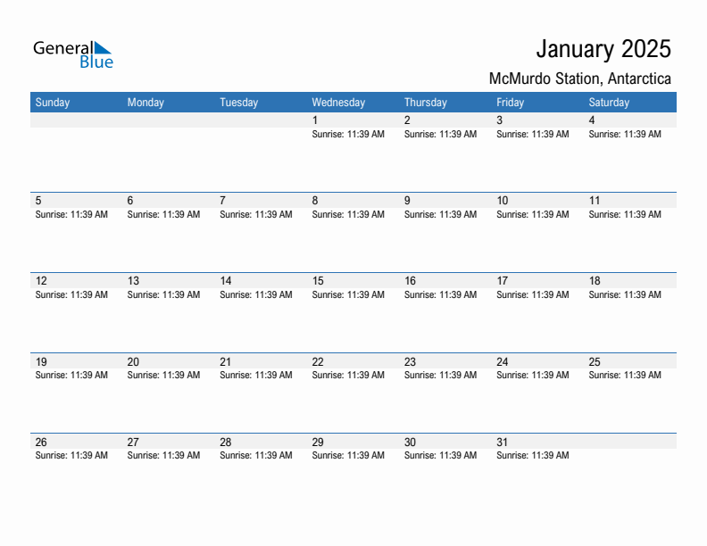 McMurdo Station January 2025 sunrise and sunset calendar in PDF, Excel, and Word