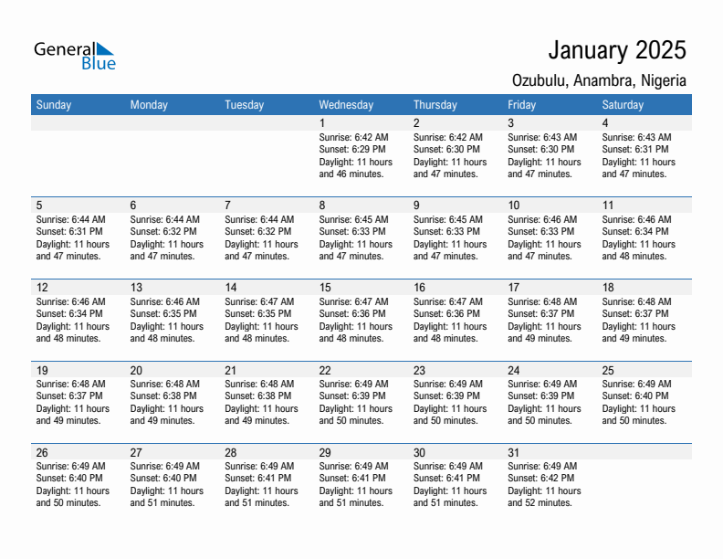 Ozubulu January 2025 sunrise and sunset calendar in PDF, Excel, and Word