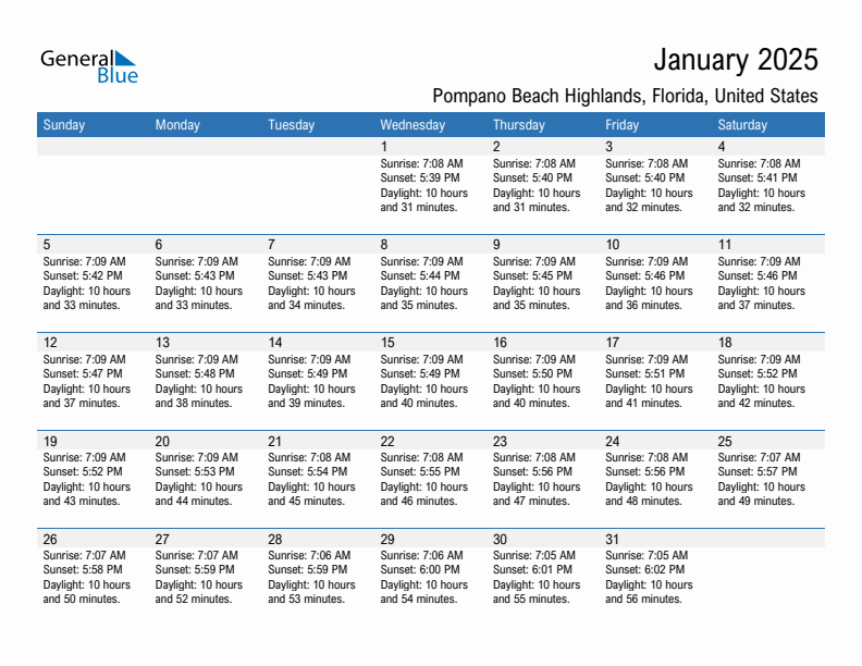 Pompano Beach Highlands January 2025 sunrise and sunset calendar in PDF, Excel, and Word