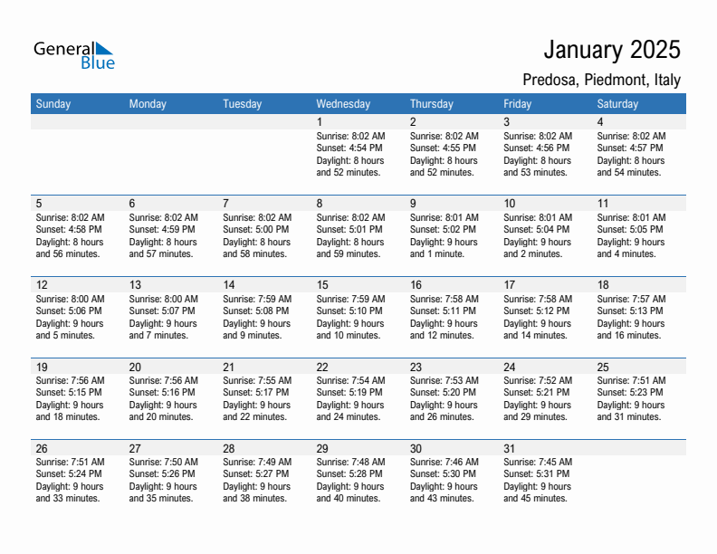 Predosa January 2025 sunrise and sunset calendar in PDF, Excel, and Word