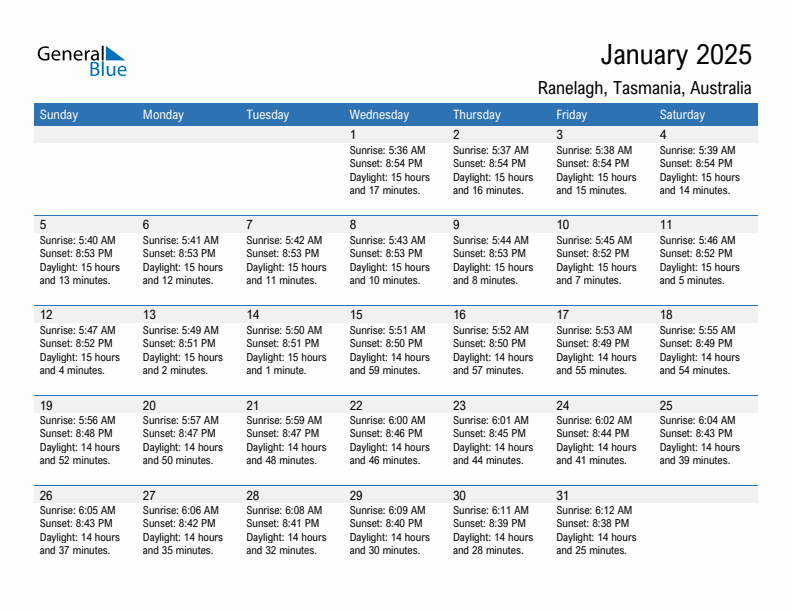 Ranelagh January 2025 sunrise and sunset calendar in PDF, Excel, and Word