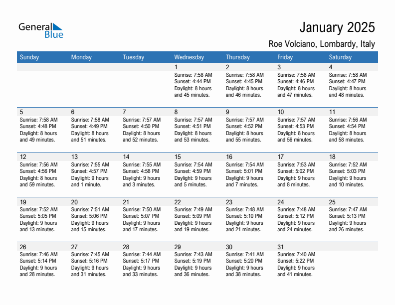 Roe Volciano January 2025 sunrise and sunset calendar in PDF, Excel, and Word